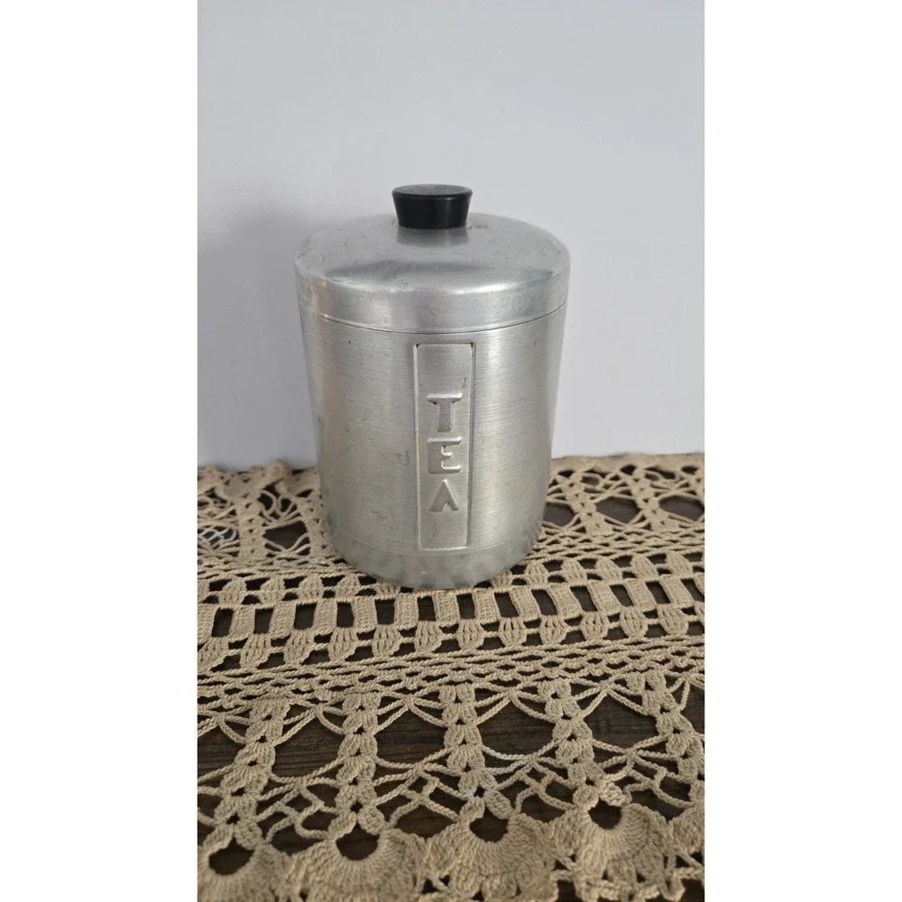 Century  Aluminum Ware Kitchen TEA Canister With Black Lid Vintage